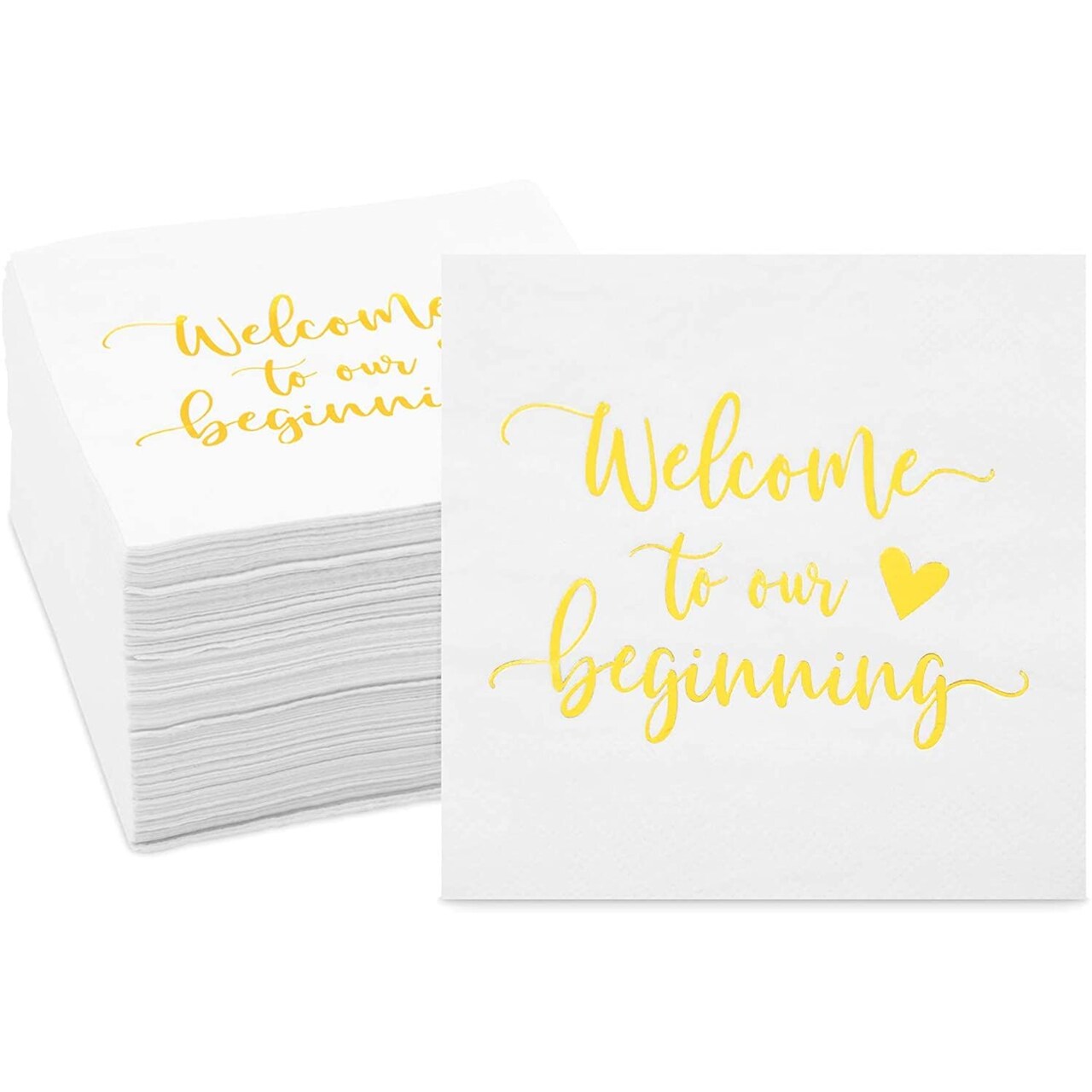 Wedding Cocktail Napkins, Welcome to our Beginning (White, 5 In, 100 Pack)